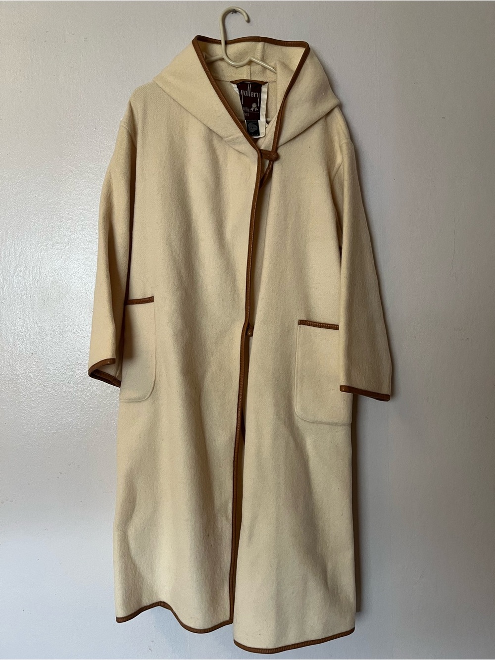 Vintage 70’s Cream Hooded Wool Cape Coat with Brown Trim